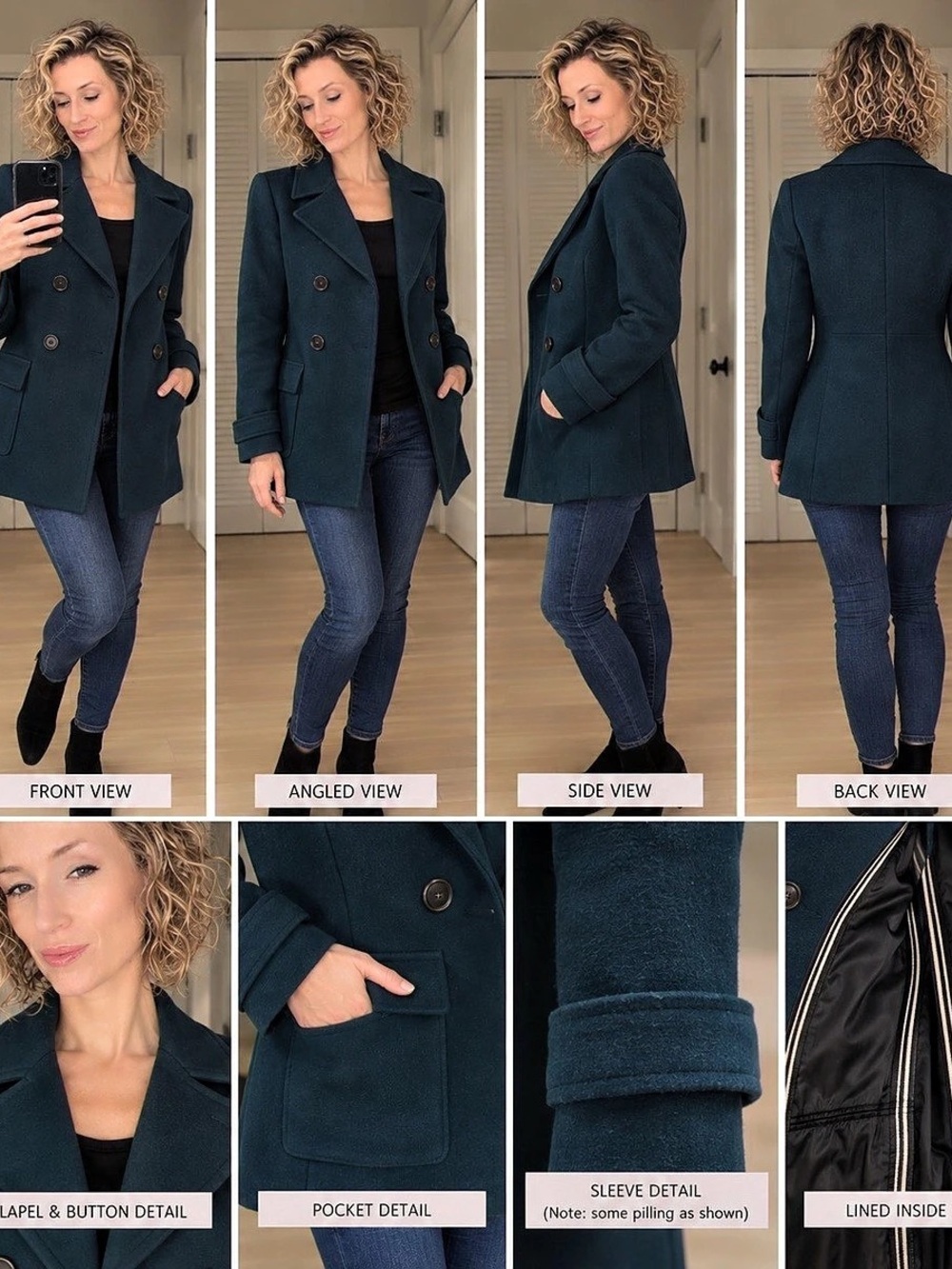 Massimo Dutti Wool Double Breasted Pea Coat Deep Teal